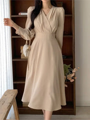 Lunivop  Korean Solid Midi Dresses for Women Fashion V-neck Long Sleeve A-line Solid Casual Dress Office Lady Clothing Autumn New