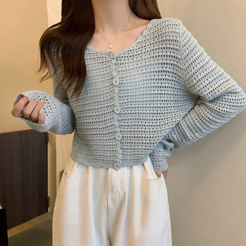 Lunivop Women Button Up Short Cardigan Knitted Shirt Hollow Out Crochet Crop Top Long Sleeved Thin Cover Up Teen-girl Casual Outfit