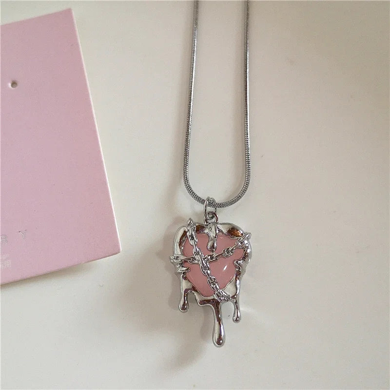 Lunivop Kpop Vintage Pink Heart Bowknot Pendant Stainless Steel Snake Chain Necklace Girl Goth Y2k Aesthetic Rave Jewelry Accessories