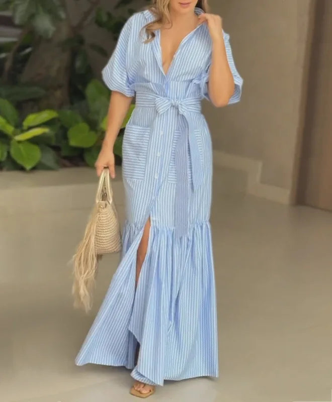 Lunivop  Striped Shirt Dress Women with Sashes Summer Beach Woman Half High Waist Turn-down Collar Pocket A-Line Sundress