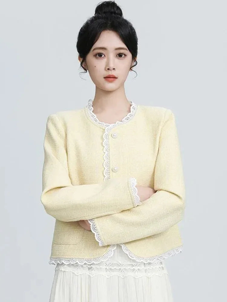 Lunivop Sweet Yellow Tweed Jackets Women Vintage Lace Patchwork Elegant Short Coat French Retro Casual O Neck Long Sleeve Fall Outwear