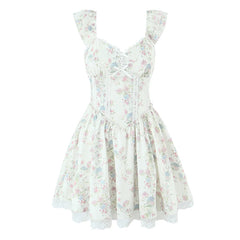 Lunivop  French Style Floral Print Mini Summer Dress Women Flying Sleeves V Neck Lace Spliced A-line Dresses Party Robe Vestidos