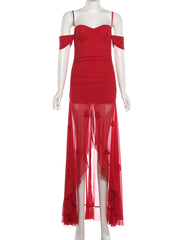 Lunivop  Cutenew Valentine's Day Seetw Dress Women Sexy Strap Off The Shoulder Backless Mesh Patchwork Appliques Ruffle Slim Slit Bodycon