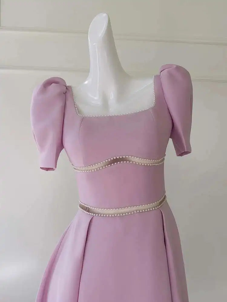 Lunivop Solid Hollow Beaded Design Long Dresses For Women Square Collar High Waist Elegant Dress Female 2025 New Clothing