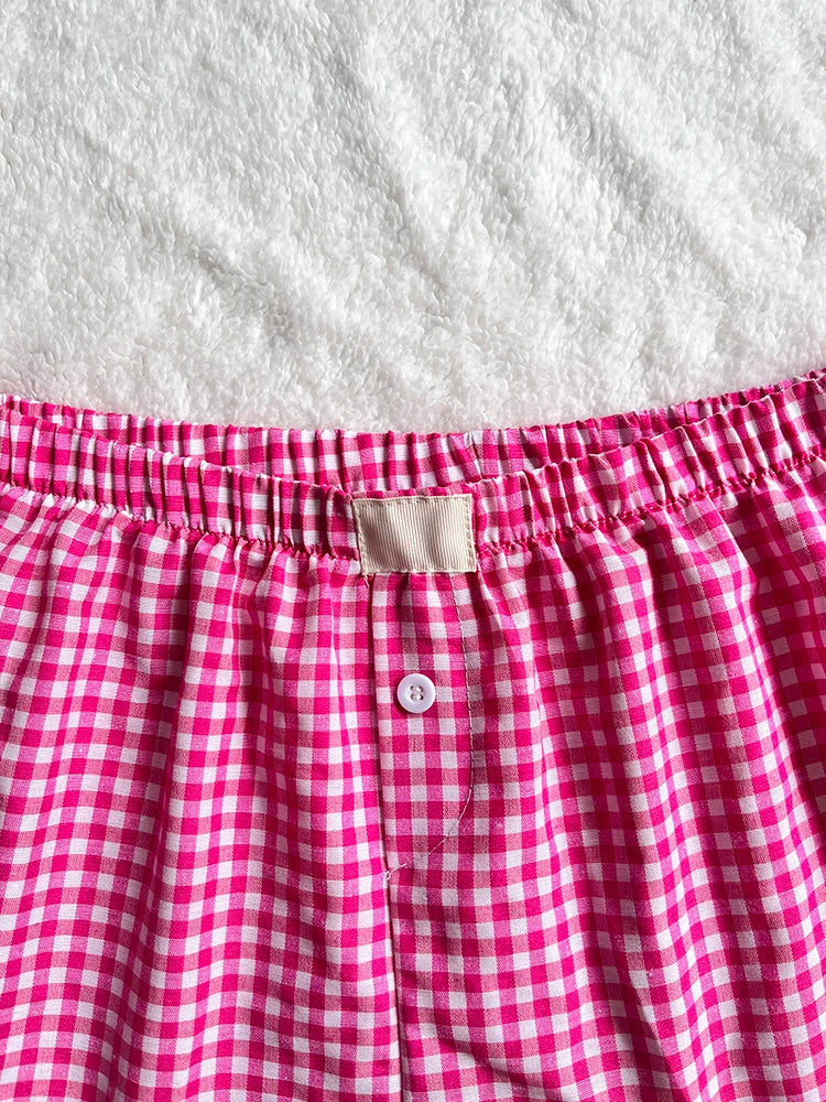 Lunivop Shorts for Women Teen-girls Elastic Waistband Pull-on Red Blue Plaid Shorts Outfit Casual Lounge Summer Shorts