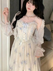 Lunivop Spring Elegant Two Piece  Set Dresses Women Lace Bow Sweet Cardigan Floral Strap Dress Set Female Korean Fahsion Desinger Y2 Set