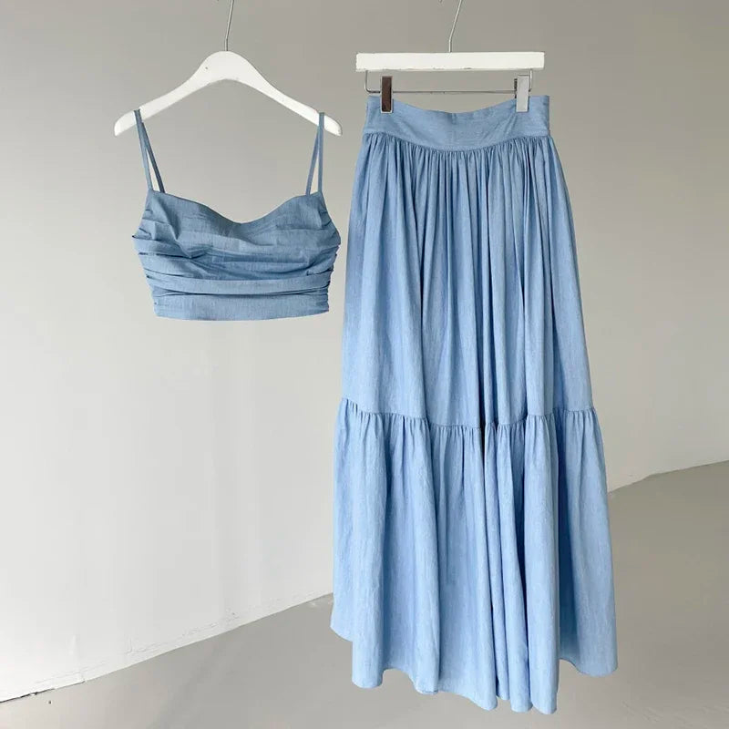 Lunivop Summer New Korean Fashion Pleated Backless Sexy Slim Camisole Women + Solid Color Casual A-line Skirt Two-piece Suit