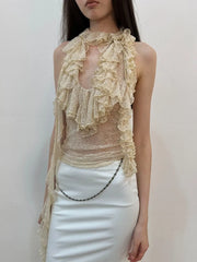 Lunivop  Heavy Lace Ruffles Patchwork Halter Vest for Women See Through Mesh Gray Tank Top 2025 Summer New Slim Fit Tops Mujer