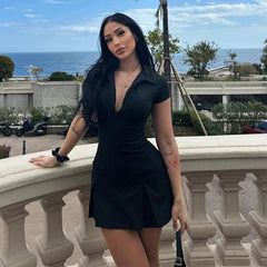 Lunivop Solid Elegant Turn Down Collar Short Sleeve Mini Short Women'S Dresses Fashion Summer Dresses 2024 Casual Y2K Streetwear