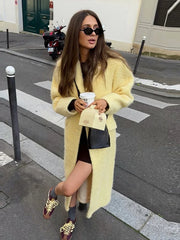 Lunivop Elegant Lapel Lamb Woolen Long Coats Women Casual Yellow Single Breasted Coat Female Autumn Winter Chic High Street Outwear Tops