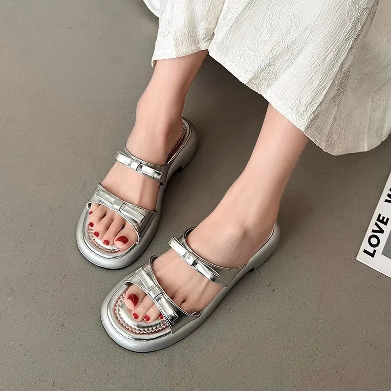 Lunivop New French Beach Shoes Open Toe Square Head Slippers Women Summer Fashion Bowknot Flat Slippers Women's Simple Sandals