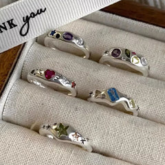 Lunivop Kpop Vintage Colorful Zircon Star Heart Metal Silver Color Ring For Women Girls Aesthetic Grunge Jewelry Y2K EMO Accessories
