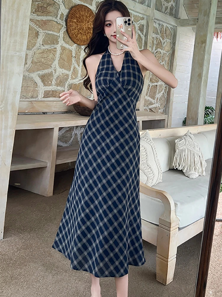 Lunivop  Women Blue Plaid Chic Bow Neck-mounted Long Dress Summer Elegant Casual A-Line Dress Korean Vintage Luxury Evening Dresses