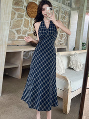 Lunivop  Women Blue Plaid Chic Bow Neck-mounted Long Dress Summer Elegant Casual A-Line Dress Korean Vintage Luxury Evening Dresses