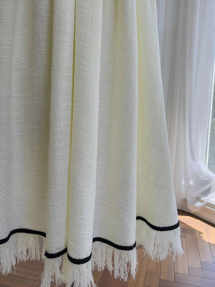 Lunivop  Contrast Color Spliced High Waist Tweed Sling Dresses For Women Hem Tassel Design Elegant Dress New Clothing