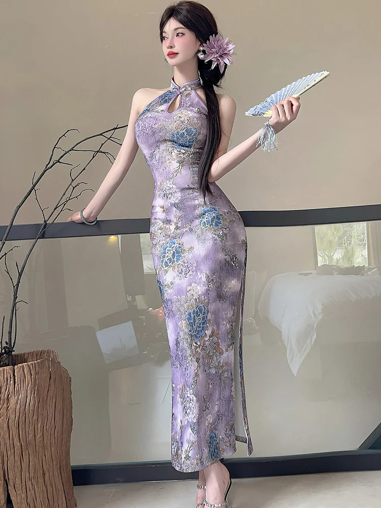 Lunivop  Summer Purple Floral Stand Collar Cheongsam Dress Women Korean Luxury Elegant Dress Gown 2025 Vintage Bodycon Party Night Dress