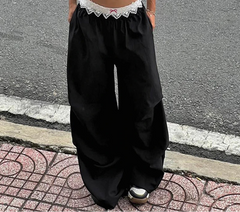 Lunivop  Contrast Lace Stitching Wide Leg Pants Streetwear y2k Low Rise Loose Black Trousers for Women Korean Fashion Baggy Capris