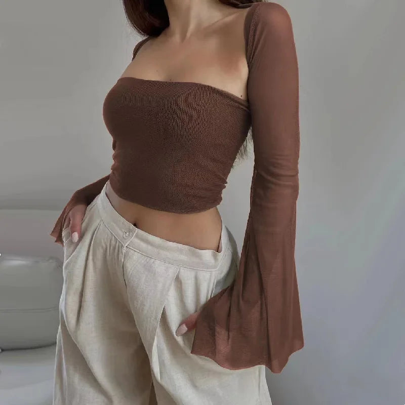 Lunivop   Aesthetic Vintage Women 2 Piece Sets Strapless Tank Top With Sexy Mesh Sheer Flare Long Sleeve Shawl Street Outfit