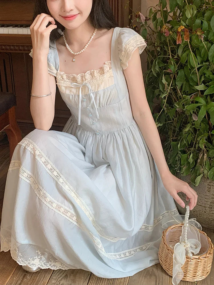 Lunivop  Elegant Blue Long Dress Women Sweet Lace Patchwork Vintage Dress High Quality Casual Flying Sleeve Bow Lady Retro Vestidos