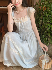 Lunivop  Elegant Blue Long Dress Women Sweet Lace Patchwork Vintage Dress High Quality Casual Flying Sleeve Bow Lady Retro Vestidos