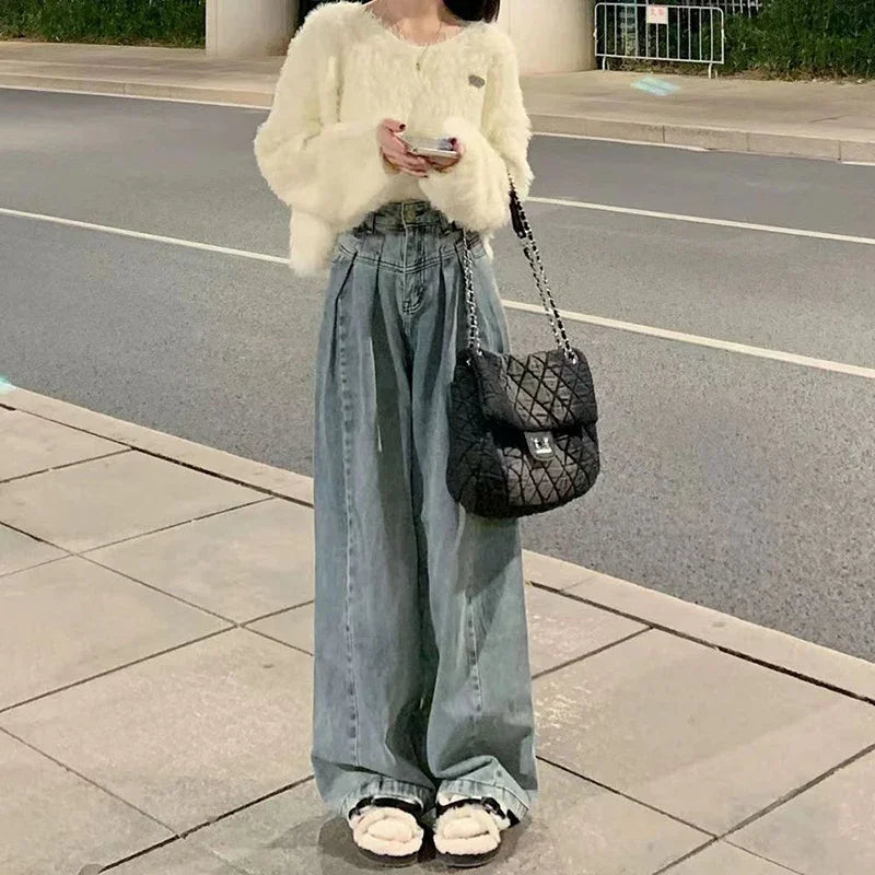 Lunivop  Vintage Blue baggy Jeans Women Korean High Wiast Loose Denim Wide Leg Pants Woman Autumn Winter Streetwear Trousers