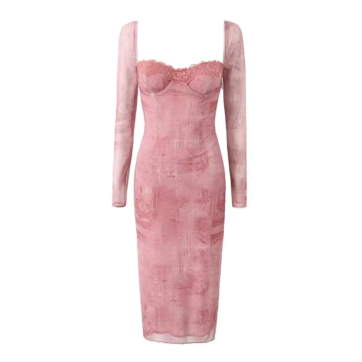 Lunivop  Sexy Mesh Spliced Lace Low Chest Corset Style Midi Dress Tie-dye News Paper letter Print Long Sleeve Package Hips Party Dresses