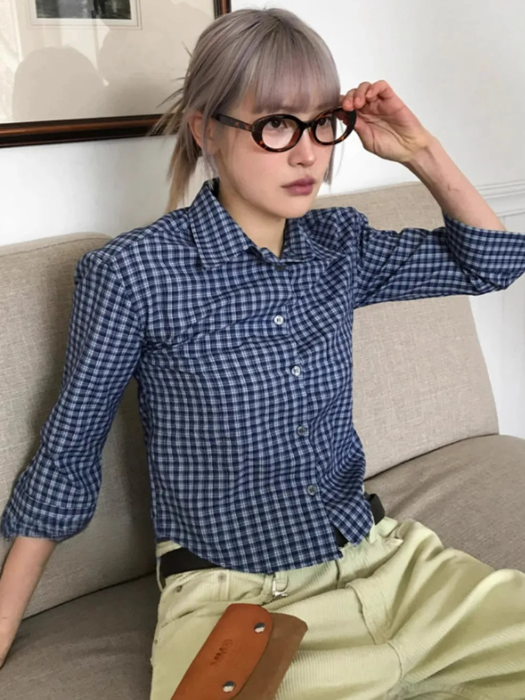 Lunivop Y2k Plaid Shirt Women Three Quarter Casual Shirt Japanese 2000s Grunge Tops Streetwear Summer Shirt Korean Style