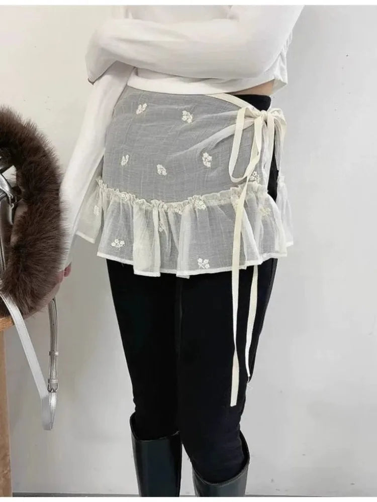 Lunivop  Y2k Sweet Embroidery Flower Skirts See Through Mesh Skirt for Women 2025 Summer New High Waist Lace Up Faldas Mujer
