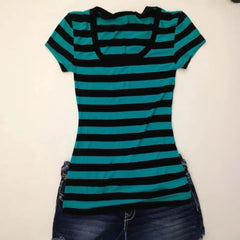 Lunivop  Y2K New Europe Casual Top Female Slim O Neck Stripe Half Sleeve T-shirt Panelled Simple Office Lady Creativity Moda Mujer