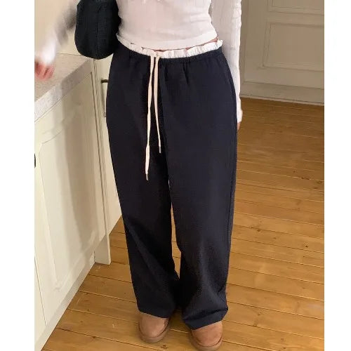 Lunivop  Korean Sle Chic Spring New Elastic Waist Lace Casual Pants Women Cotton 00% Comfortable Fit Casual Trousers for Ladies