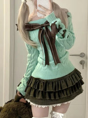 Lunivop  Y2k Kawaii Lolita Knitting Long Sleeve Bow 2-piece Set Vintage Chic Slim Off Shoulder Sweater + High Waist Lace Skirt Suit New