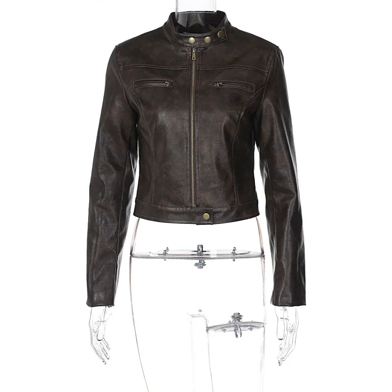 Lunivop Fashion Leather Slim Long Sleeve Zipper Short Coat Casual Streetwear Daily Outfit Jacket Vacation Y2K Women Clothing