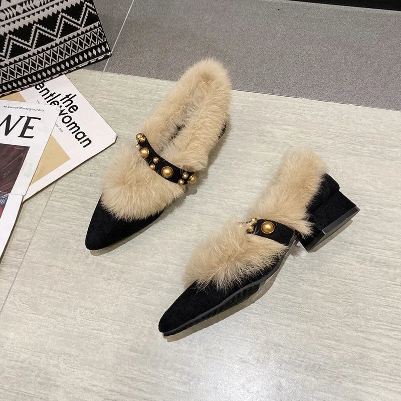 Lunivop Elegant Fur Low Heels Slippers Pointed Toe Women Suede Mules Shoes Winter Fashion Rivet Cotton Shoes New Cozy Plush Pumps