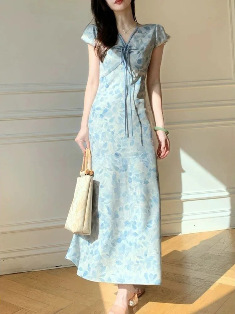 Lunivop  Sweet Blue Print Long Dress Women Slim Vintage V Neck Elegant Dress Casual French Retro Lace Up Female Soft Vestidos New