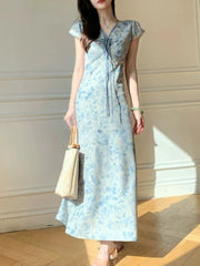 Lunivop  Sweet Blue Print Long Dress Women Slim Vintage V Neck Elegant Dress Casual French Retro Lace Up Female Soft Vestidos New