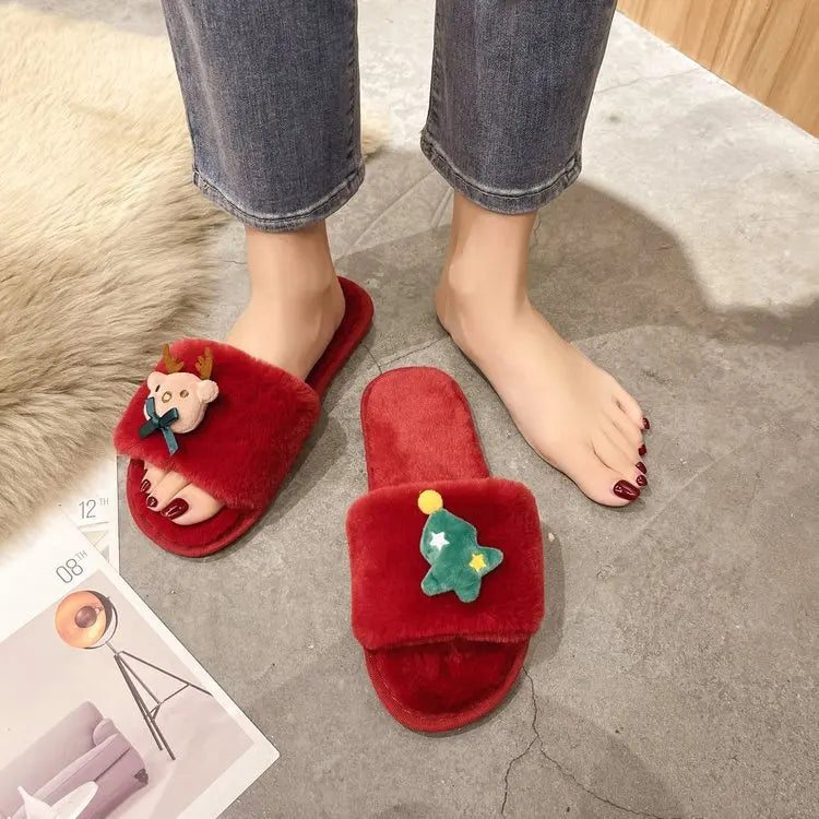 Lunivop 2025 New Christmas Elk Cotton Slippers for Women Men Winter Cute Cartoon Home Non Slip Couple Floor Slides Slip-on Plush Shoes