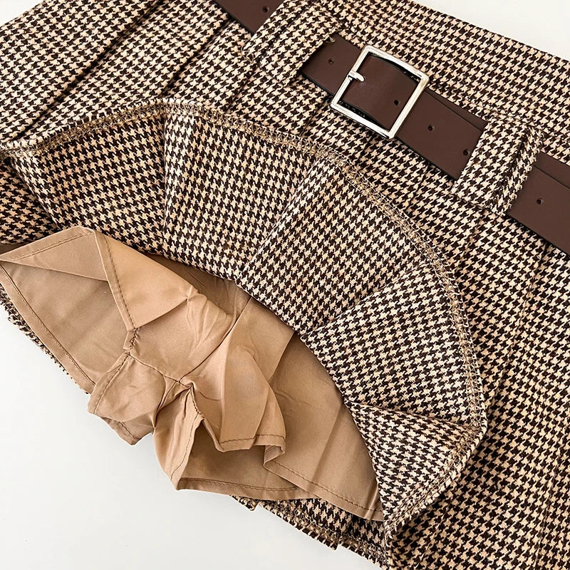 Lunivop Women Houndstooth Pleated Mini Skirt with Belt Woolen Plaid Skirt Teen-girl Fall Winter Y2K Outfit