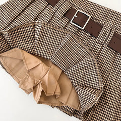 Lunivop Women Houndstooth Pleated Mini Skirt with Belt Woolen Plaid Skirt Teen-girl Fall Winter Y2K Outfit