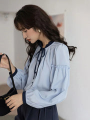Lunivop Sweet Retro Blue Blouse Women Elegant Long Sleeve Japan Shirt Fall Loose Preppy Style Ruffles Lace Up Vintage Lady Tops New