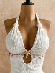 Lunivop  White Halter Twist Bodycon Mini Dress With Shell And Starfish Decor Beach Resort Summer Outfit