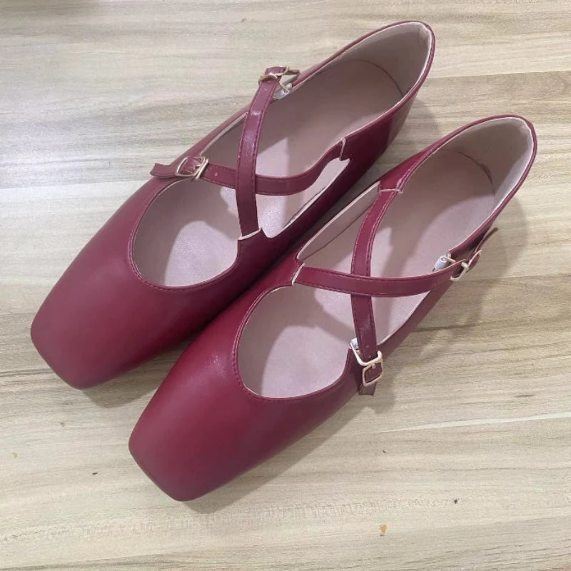 Lunivop Low Heeled Mary Jane Single Shoes Women Shoes Retro Shallow Ballet Shoes Cross Buckle Shallow Soft Sole Flats Plus Size 44