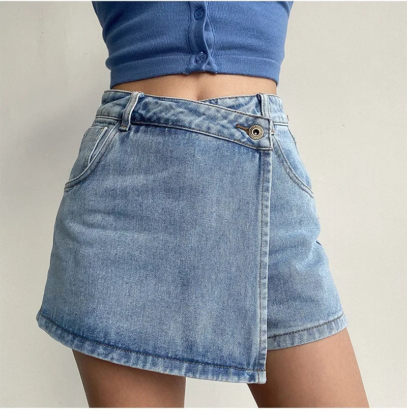 Lunivop Elegant Slimming High-waisted A- line Denim Shorts Women's Summer New 2023 Light Color Two-piece Illusion Design Slim Fit