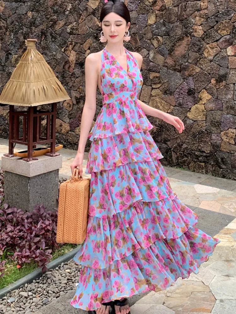 Lunivop Summer  Floral Neck Halter Dresses Women New French High Waisted Cake Dress Beautiful Romantic Flowers Vestido