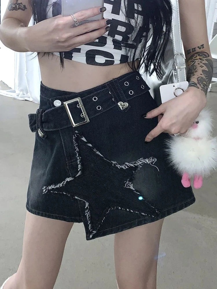 Lunivop  Vintage Star Y2K Denim Skirt Women High Waist Harajuku Belt Black Mini Skirt American Streetwear Retro Summer Gothic Skirt