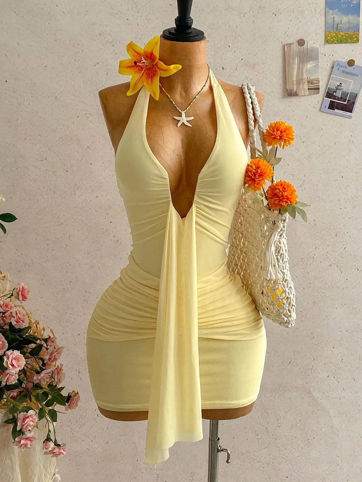 Lunivop  Women's Sexy Deep V-Neck Halter Tie Ruched Mini Dress Yellow Beach Vacation Party Dress