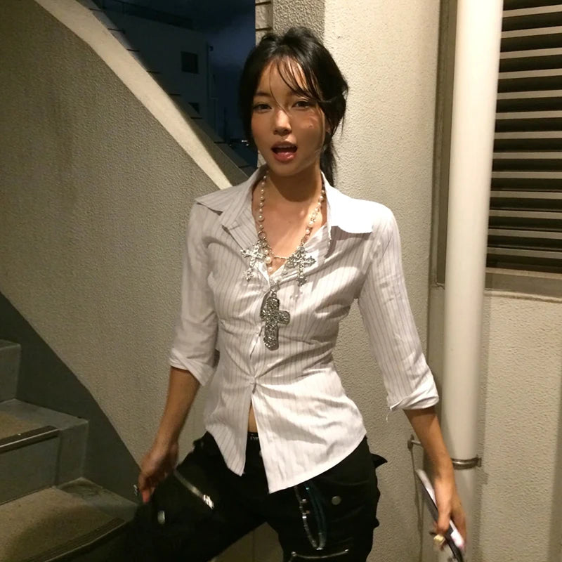 Lunivop Korean Style Casual Shirt Women Three Quarter Striped Shirts 2000s Japanese Y2k Vintage Tops Slim Retro Shirts Summer