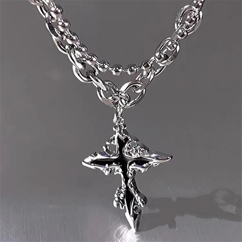 Lunivop Punk Liquid Metal Back Cross Pendant Silver Color Chain Necklace For Women Men Y2K Grunge Hip Hop Halloween Jewelry Accessories