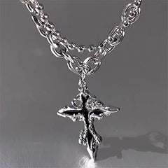 Lunivop Punk Liquid Metal Back Cross Pendant Silver Color Chain Necklace For Women Men Y2K Grunge Hip Hop Halloween Jewelry Accessories