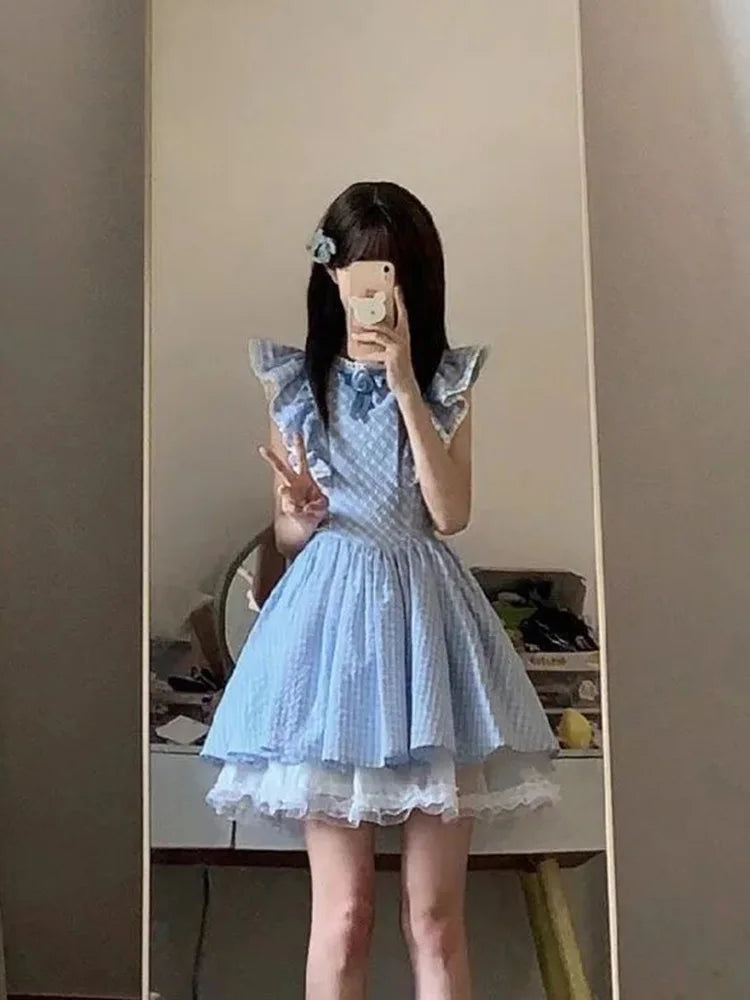 Lunivop  Cute Sweet Blue Plaid Dress Women Elegant 3D Floral Flying Sleeve Mini Dress Japan Vintage Slim Kawaii Lace Patchwork Dress