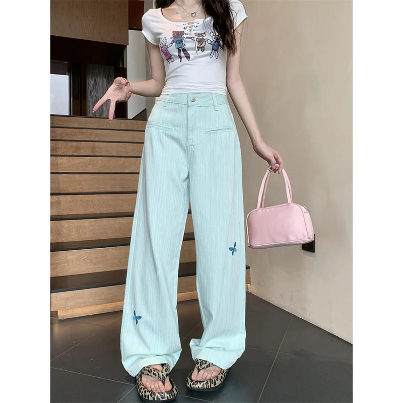 Lunivop Butterfly Women's Jeans High Waist Hip Hop Straight Denim Pants Y2k Streetwear Fashion Vintage Baggy Wide Leg Trousers 2024 New